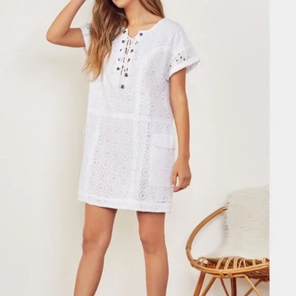 NWT Tularosa Revolve Warren Eyelet Lace Up Tunic Dress w/ Pockets in White Sz. S - Picture 1 of 3